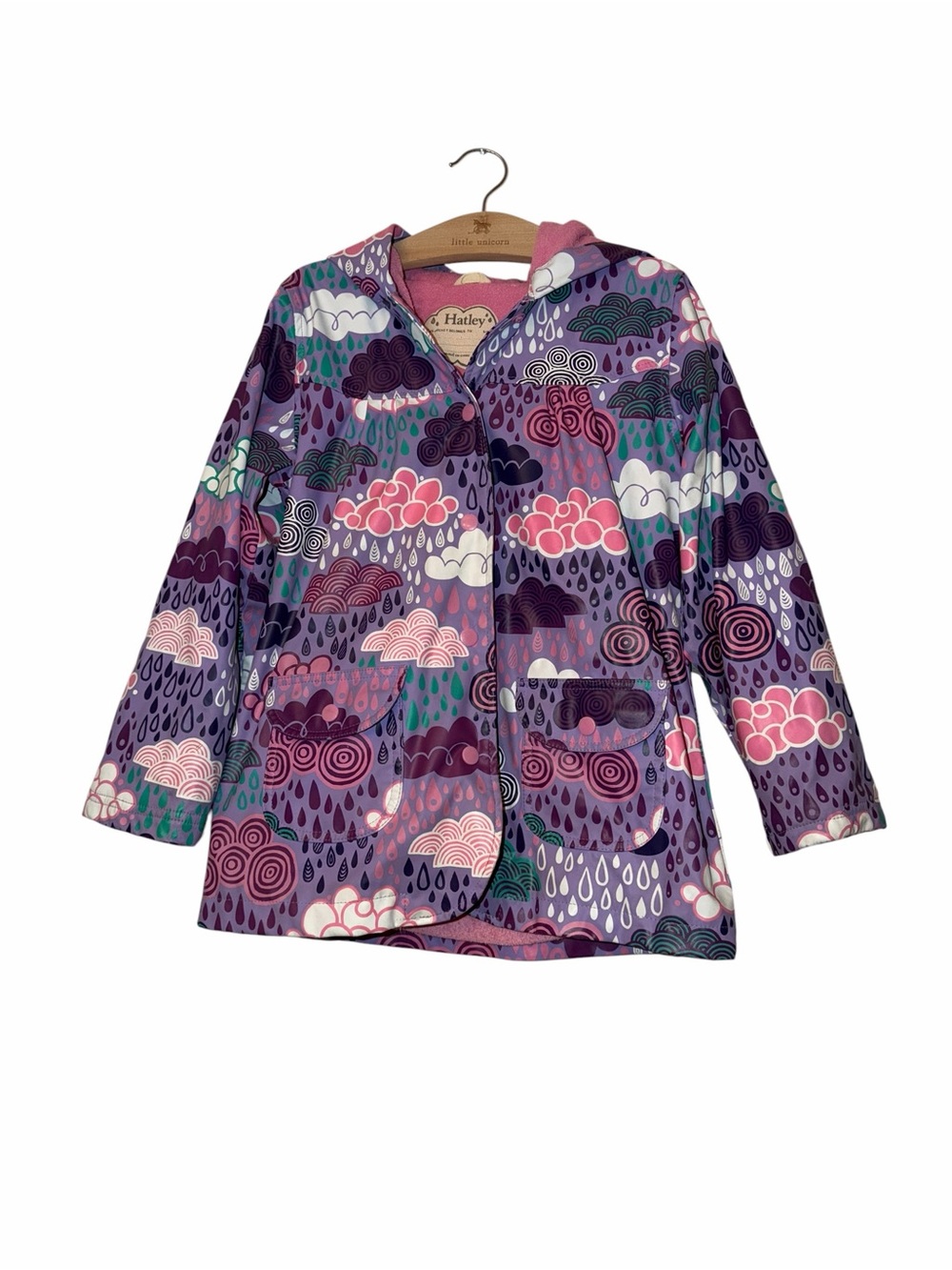 Hatley Kids Purple Patterned Raincoat - Cloud & Raindrop Print terry lined sz 7